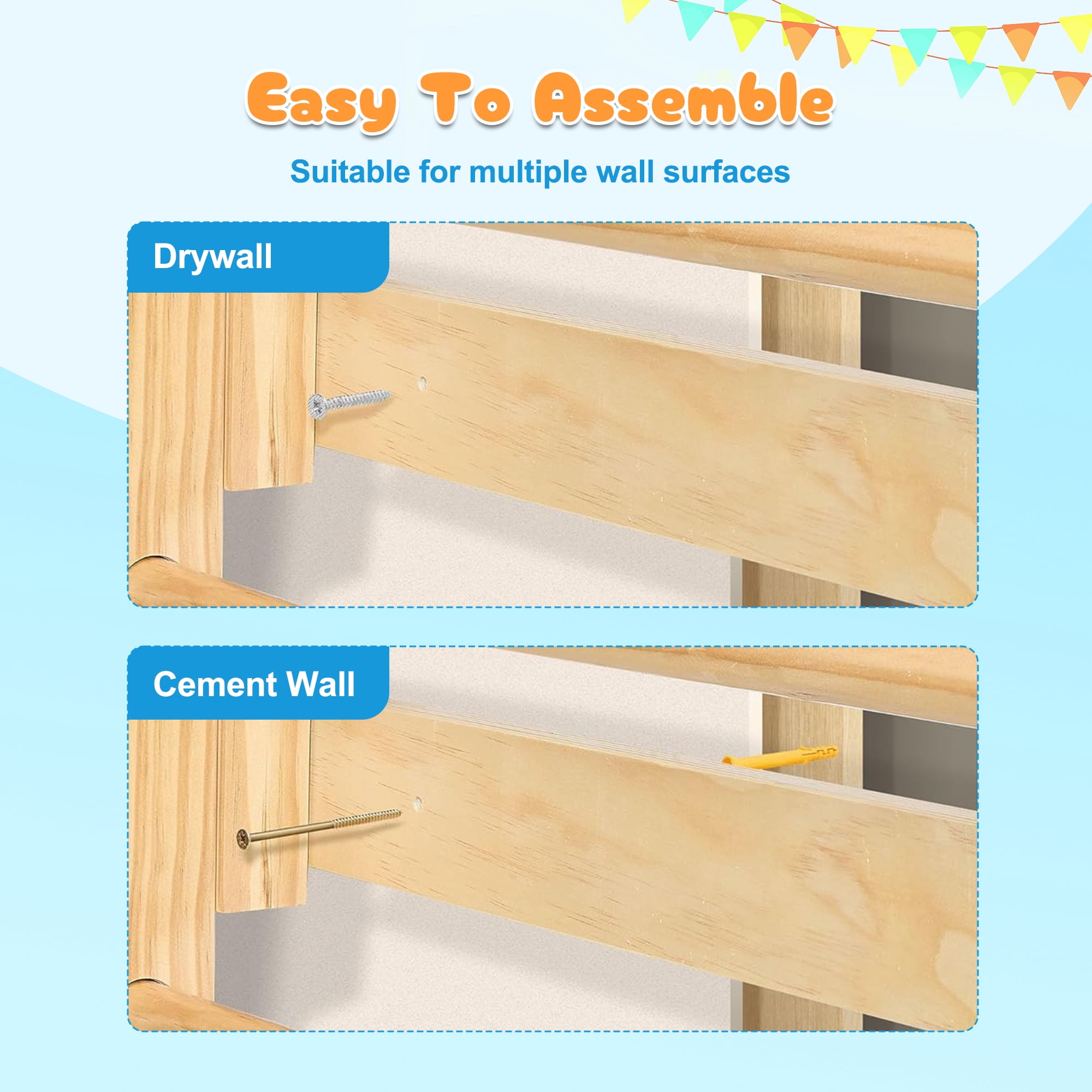 EUROCO 10-in-1 Wall-Mounted Wooden Playground Climbers, Indoor Jungle Gym for Kids, Ladder Wall Gym Set with Trapeze Swing, Rock Climbing Wall, Wooden Swings, Pull-up Bar and Rope Ladders