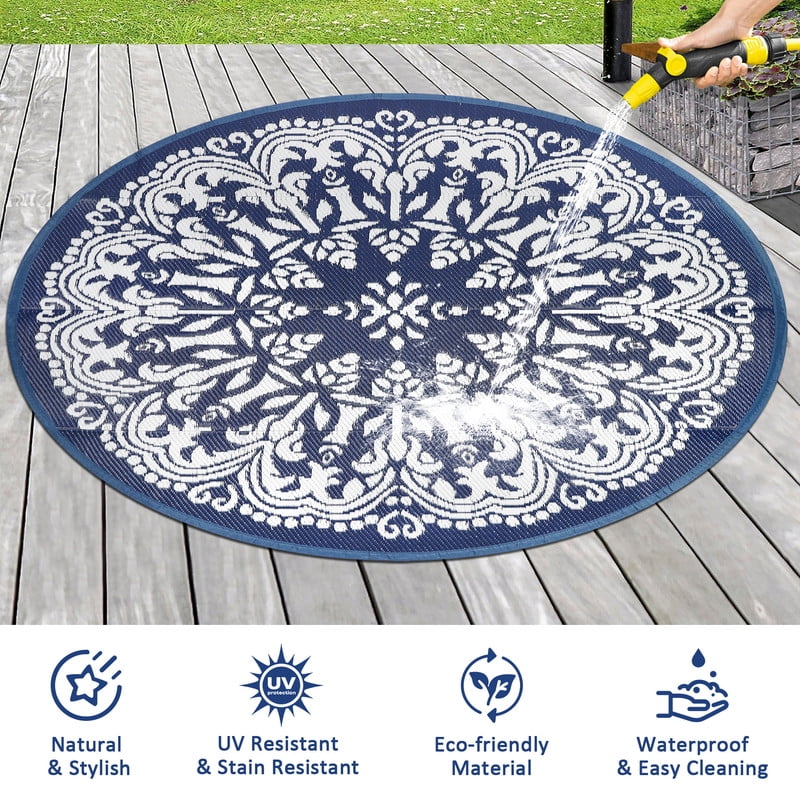 Aonewoe Round Outdoor Rugs 8Ft Waterproof Patio Plastic Straw Rug Reversible Camping Carpet Indoor Outdoor Area Rug for Patio,Deck,Balcony,Picnic,Beach,Outside