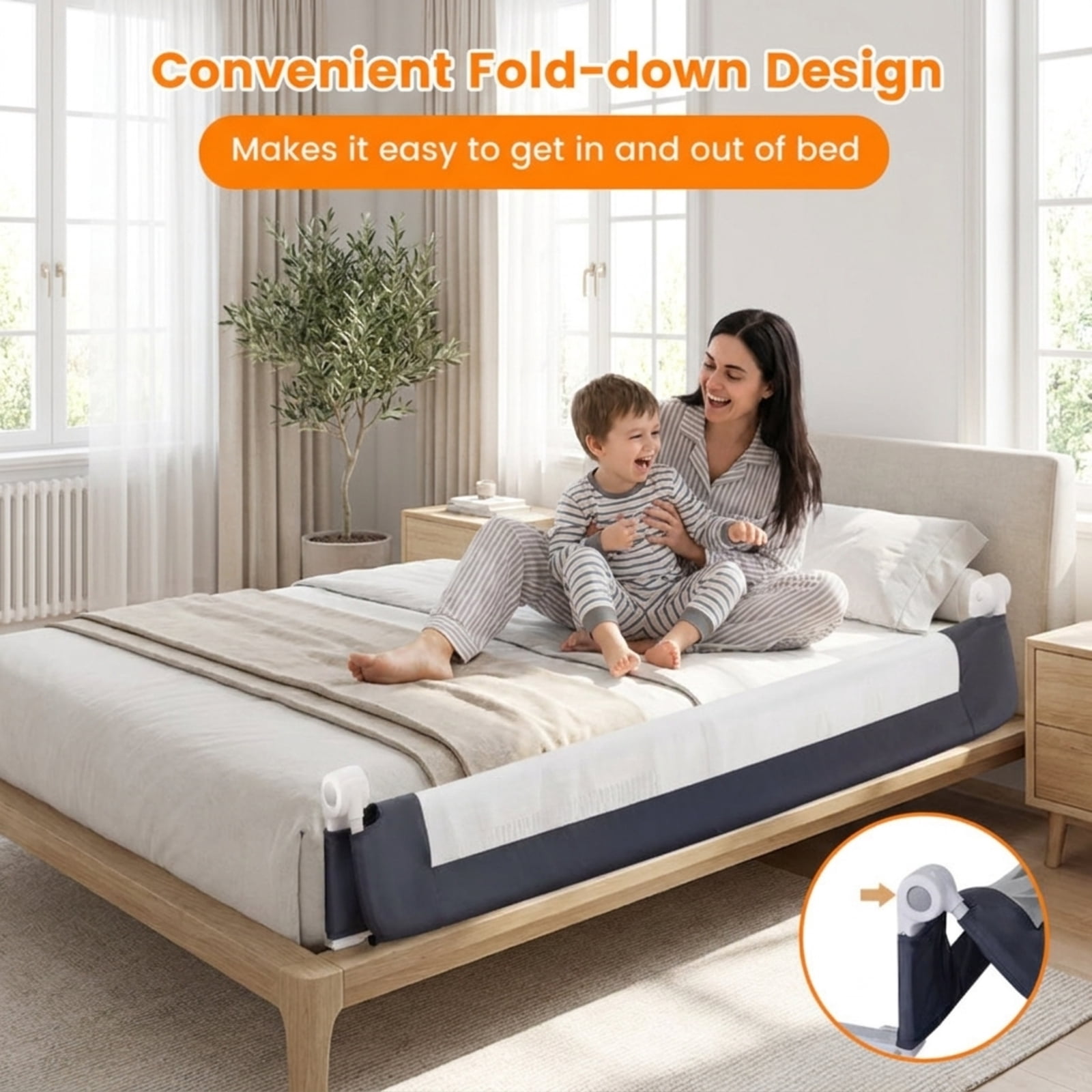SUGIFT 60 Inch Foldable Bed Side Rails Swing Down Guard with Waterproof Oxford Cloth PP Cotton Padding Breathable Mesh T Shaped Legs and Adjustable Safety Strap, Grey