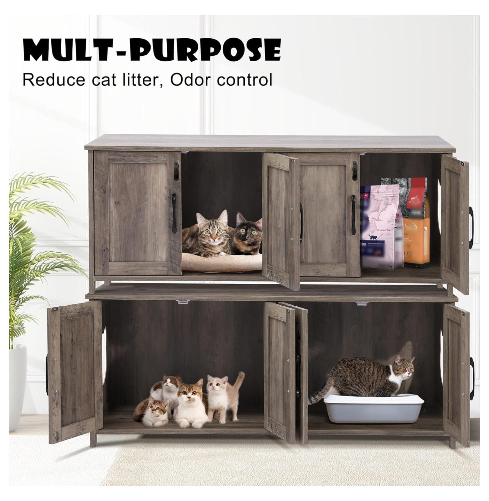 Cat Litter Box Enclosure for 2 Cats - Litter Box Furniture with Lockable Door,Wooden Cat Washroom Furniture with Double Room,Cat House,Hideaway Litter Box,Greige