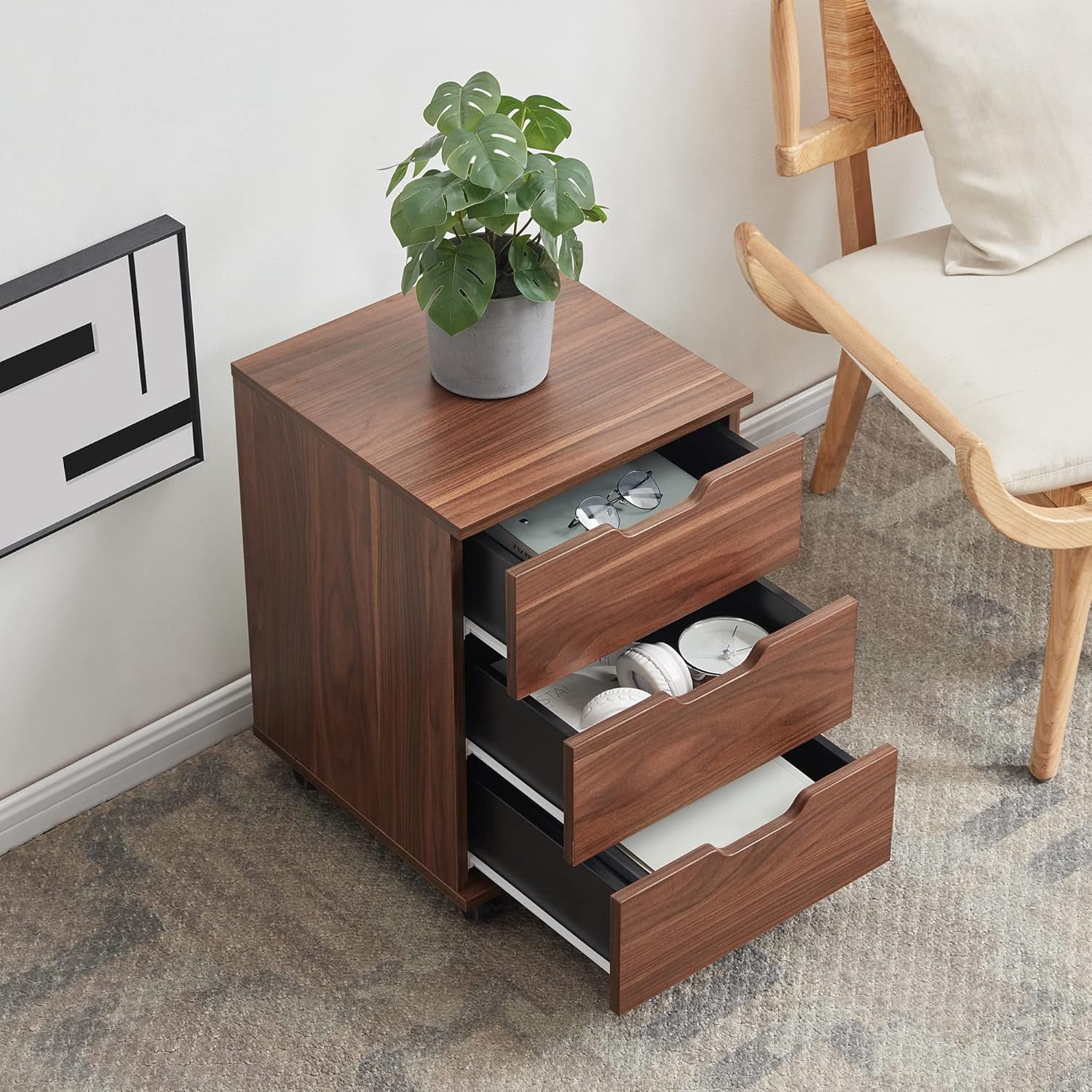 3-Drawer Vertical Filing Cabinet Rolling Wood Mobile File Cabinets Under Desk for Home Office with Casters (Brown Walnut, Fully Assembled)