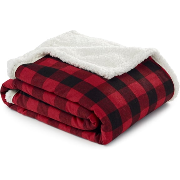 Throw Blanket, Ultra-Soft Sherpa & Reversible Plaid Bedding, Throw Blanket for Couch or Bed (Red Check, 50" x 60")