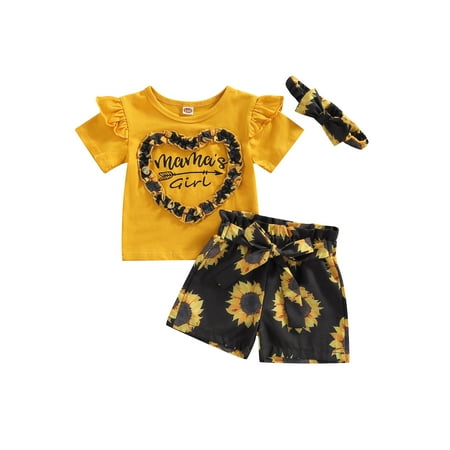 

Sunisery Kids Baby Girls Outfits Set Short Sleeve Letters Print Tops Floral Ruffle Shorts Headband Clothes Yellow 3-4 Years