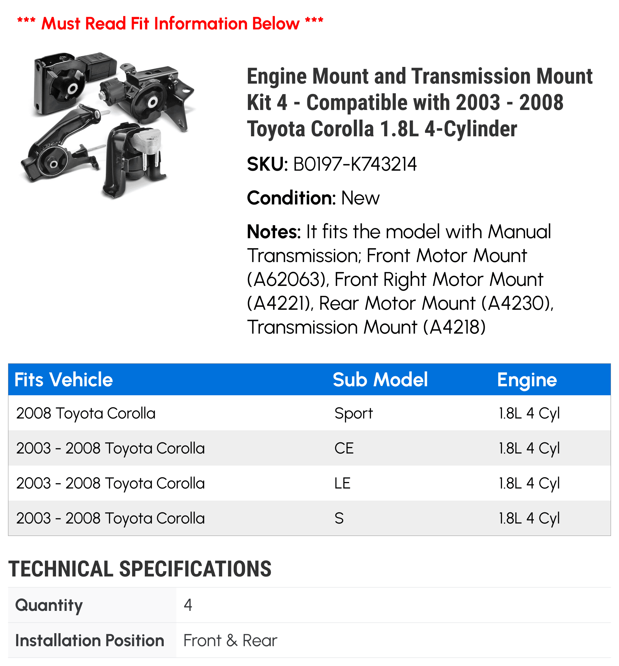 Engine Mount and Transmission Mount Kit 4 - Compatible with 2003 - 2008 Toyota Corolla 1.8L 4-Cylinder - Autopart Premium