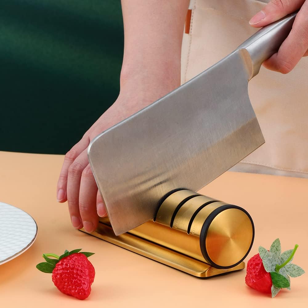 ABPETE 4-in-1 Kitchen Knife Accessories, 3-Stage Knife Sharpener Helps Repair, Restore, Polish Blades, Professional Knife Sharpening Tool for Kitchen Knives, Easy Manual Sharpener - Gold