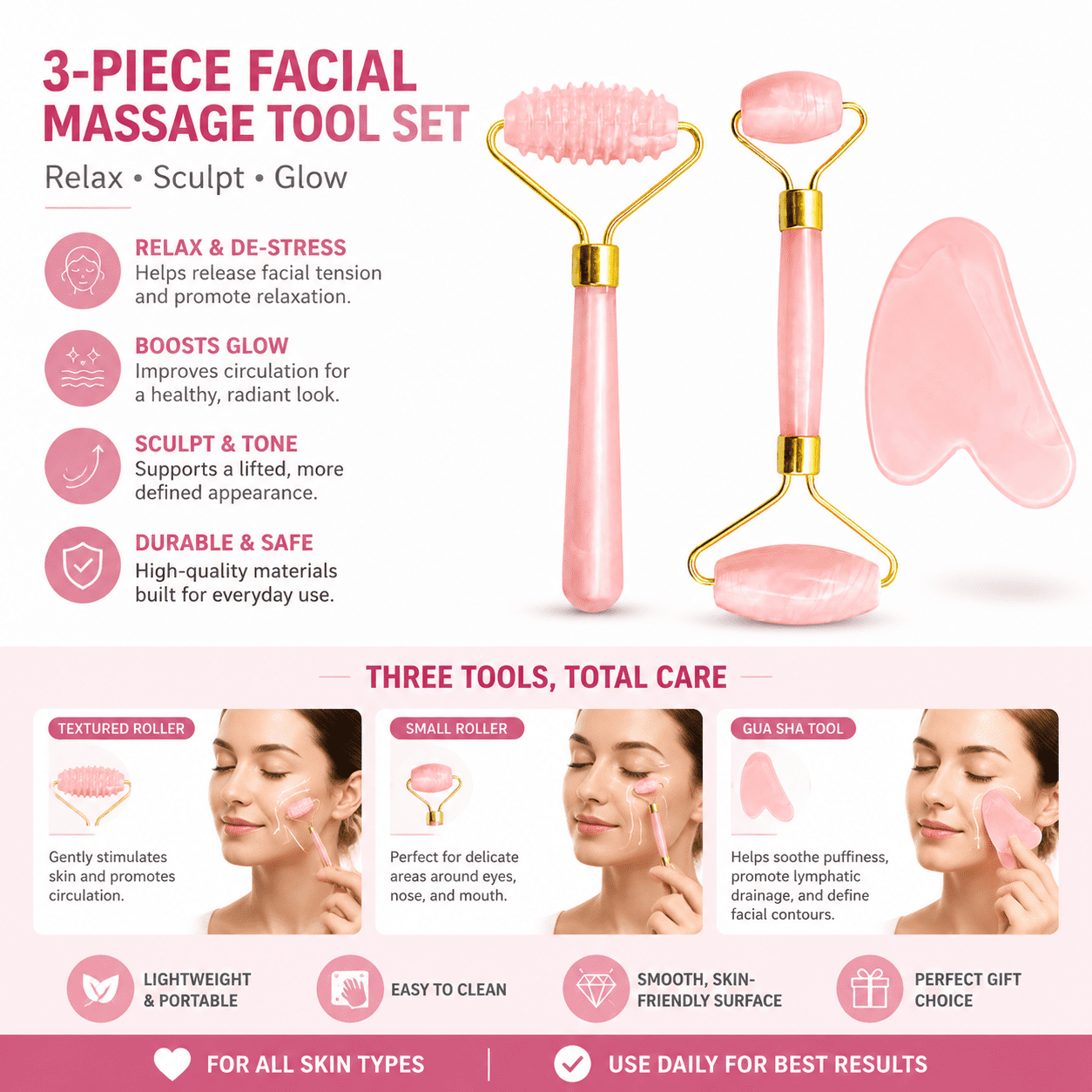 3-piece set of plastic imitation jade spiky roller gua sha board, imitation pink crystal heart-shaped gua sha board, facial massager