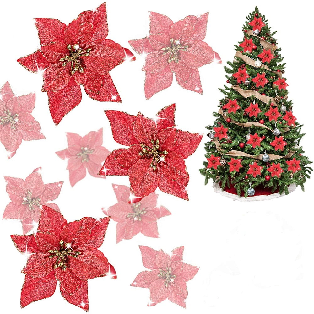 12Pcs Glitter Christmas Flower Tree Hanging Ornaments Festival Xmas Decor Prop 