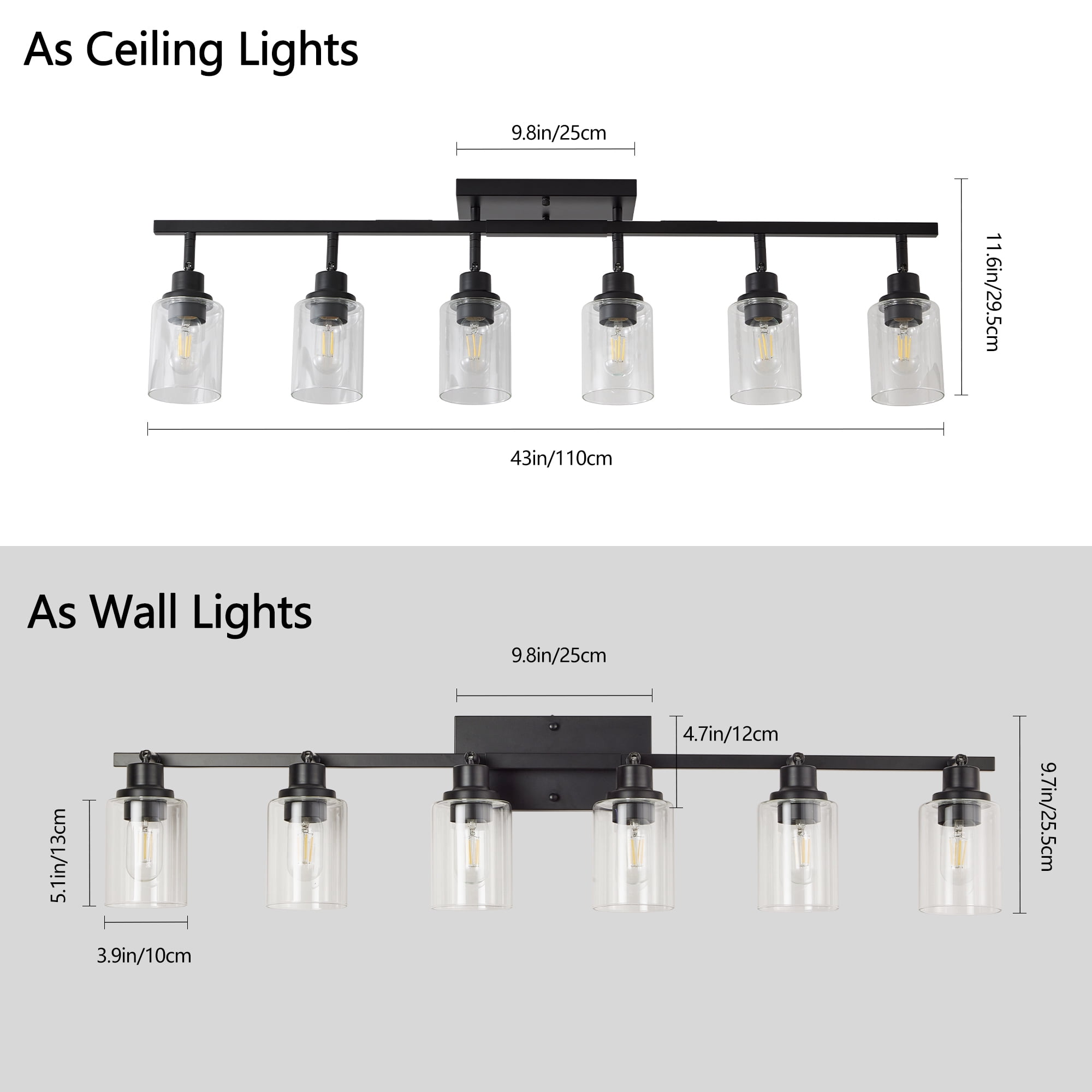 Leumius 6-Light Semi Flush Mount Ceiling Light, Adjustable Kitchen Light Fixtures Ceiling Mount with Clear Glass Shades, Rotatable Black Track Lighting Fixtures for Hallway, Foyer, Bedroom(No Bulbs)