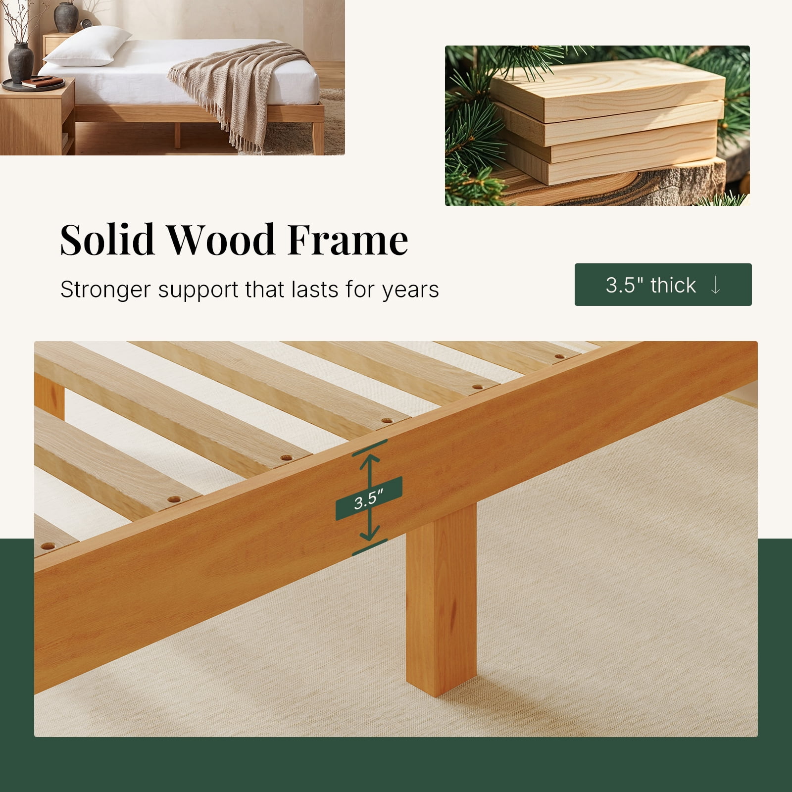 CONCETTA 12 Inch Twin Natural Pine Platform Bed Frame, Wood Slat Support, No Box Spring Needed