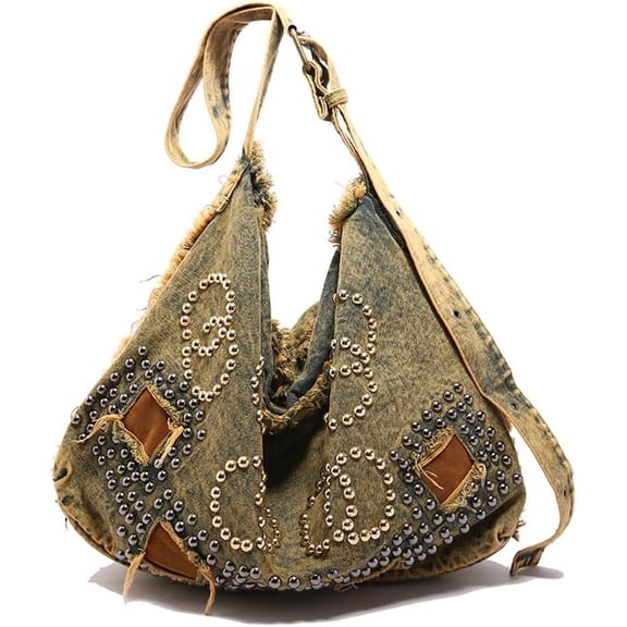 Punk Rock Studded Tote Bag for Women Y2k Grunge Distressed Crossbody Bag Ripped Denim Messenger Bag