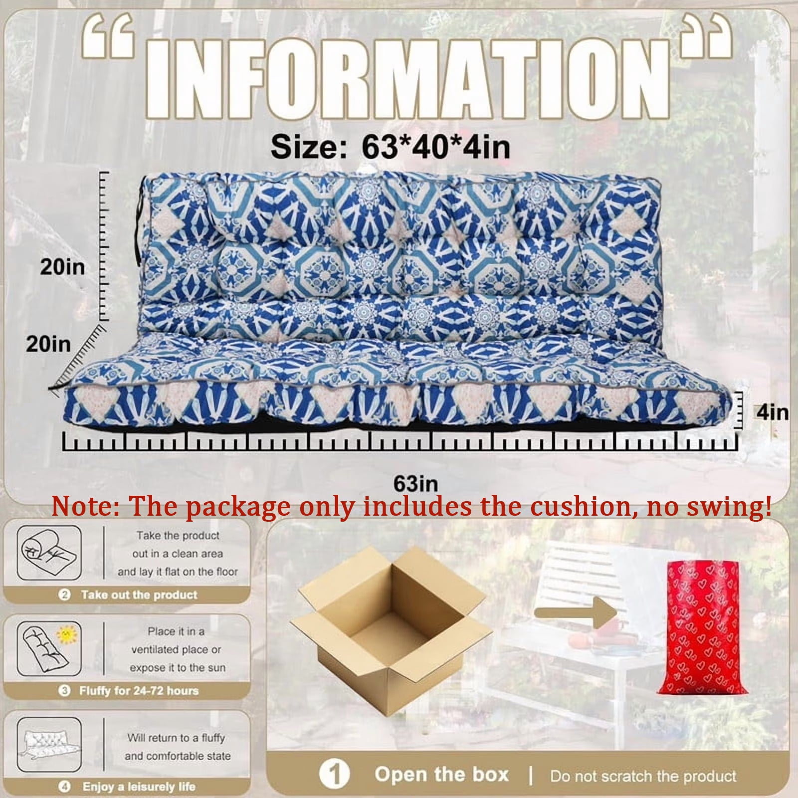 Outdoor Porch Swing Cushions, 4" thick patio swing cushions 3 Seater for outdoor furniture, Waterproof Bench Replacement Cushion with Ties(Blue Grid-63×40in)