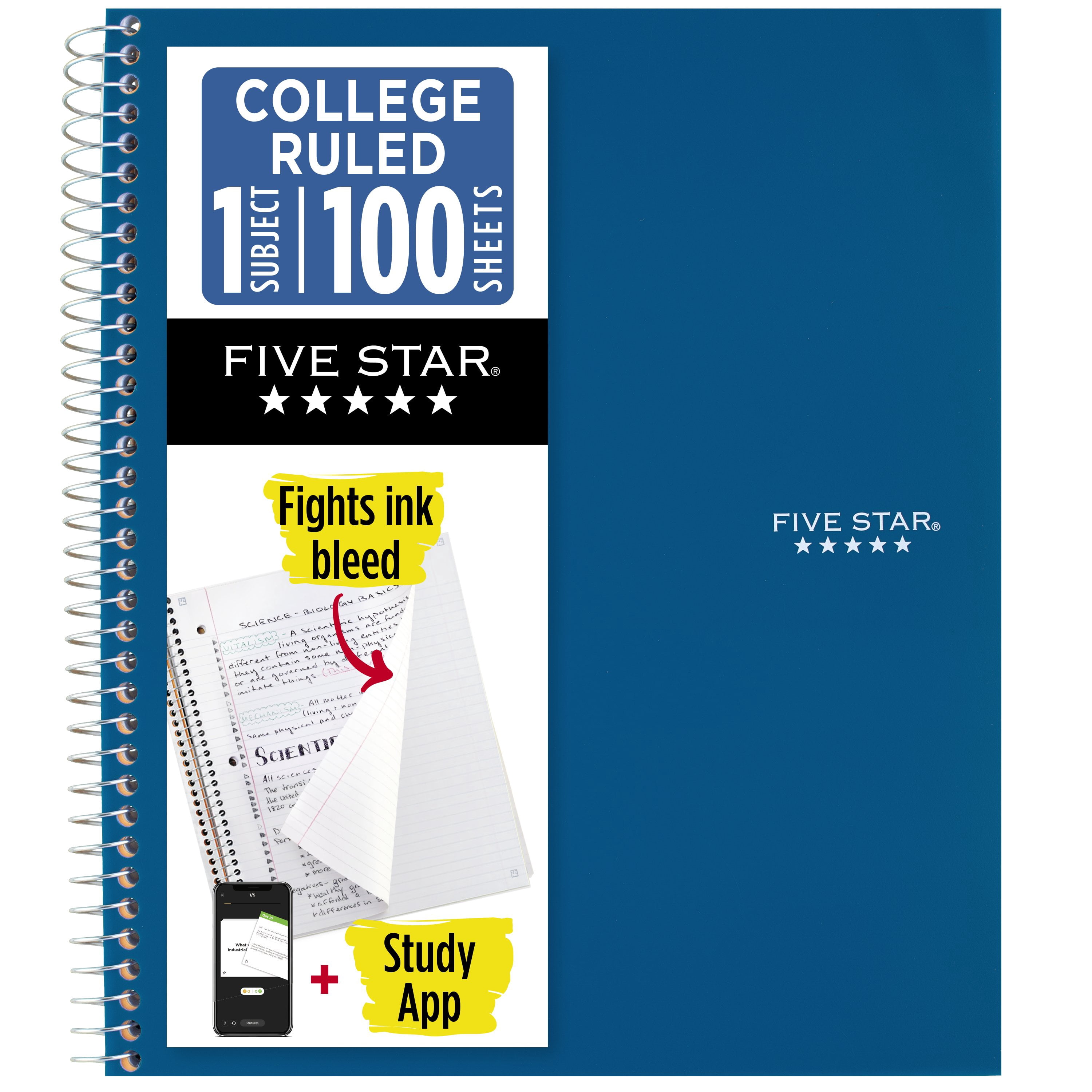 (4 pack) Five Star 1 Subject College Ruled Notebook Plus Study App, 8.5" x 11", Pacific Blue, Poly, Spiral, 100 Sheets