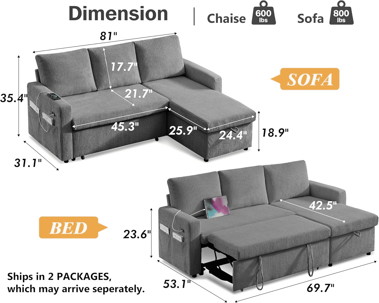 81"L-Shape Convertible Sleeper Sectional Sofa with Storage Chaise and Pull-Out Bed,Reversible Corner 3 Person Couch, for Living Room, Apartment,USB Ports
