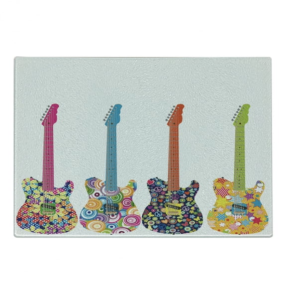 Popstar Party Cutting Board, Electric Guitars Design Colorful Flowers Stars Circles Abstract Pattern, Decorative Tempered Glass Cutting and Serving Board, Small Size, Multicolor, by Ambesonne