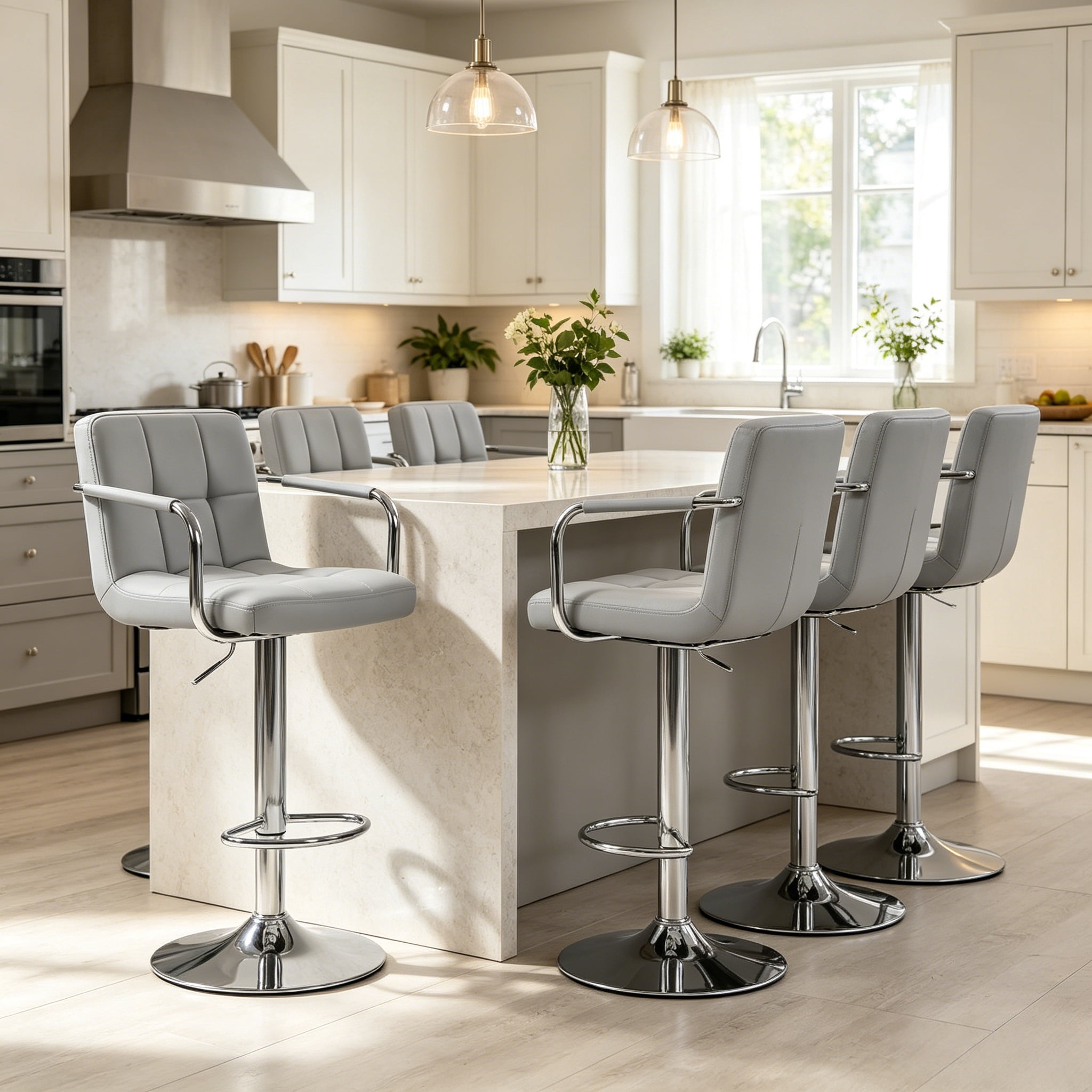 2-Piece Adjustable Gray Swivel Bar Stools with Padded Armrests & Backrests, PU Leather Waterproof, Height Adjustable 24.2-32.5 in