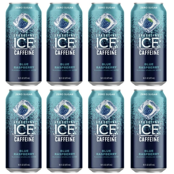 Sparkling Ice  Caffeine Blue Raspberry Sparkling Water, with Antioxidants and Vitamins, Zero Sugar, 16 Fl Oz (Pack of 8)