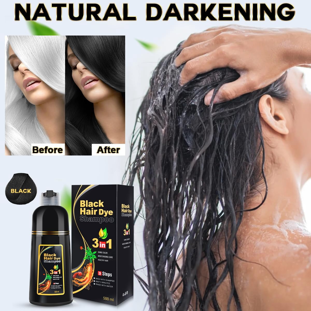IIIMEIDU Hair Dye Shampoo 3 in 1 for Gray Hair, Herbal Ingredients Shampoo Black Hair Dye for Women Men, Grey Coverage Shampoo 500ml (Black) C30
