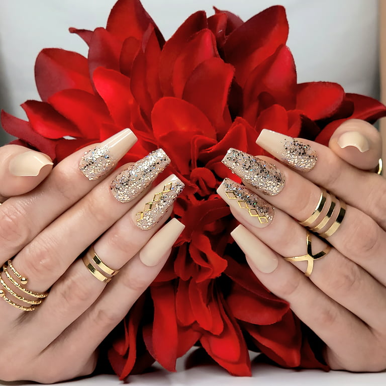 Hypnaughty 24 Pcs Vegas Gold and Nude Luxury Coffin Press On Fake Nails  with Glitter Design and Glue Ombre Glitter Long Glue On Nails 