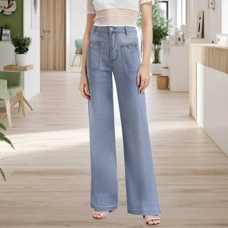 SNKSDGM Women s Plus Panties for Women Cotton Plus Size Womens Dress Pants Women s New 2025 Loose Wide Leg Large Size Casual Washed Button Micro Horn Jeans Women s Casual Pants