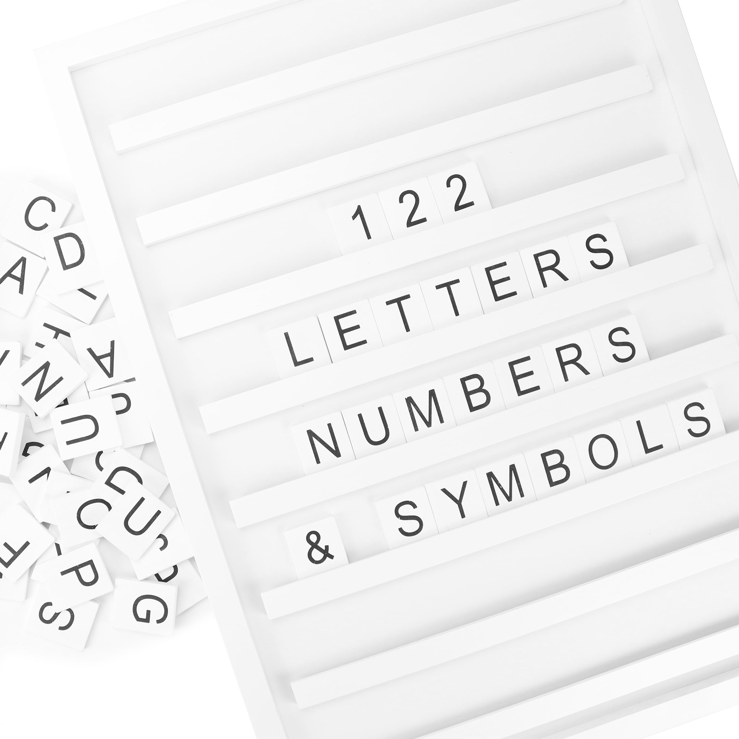 Stiles Tile Letter Board Set, Wooden Message Board with 122 Letters and Numbers for Celebrations, Baby Announcements, or Milestones, 23.6 by 17.7 Inches, White
