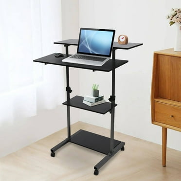 Wide Mobile Stand Up Desk Height Adjustable Rolling Workstation with 40" Wide Table Tops Multi-Purpose Rolling Presentation Cart with Four Platforms