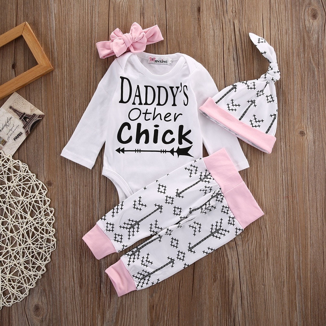 4PCS Newborn Baby Girl Outfits Clothes Set Romper+Long Pants+Hat+Heaband Costume