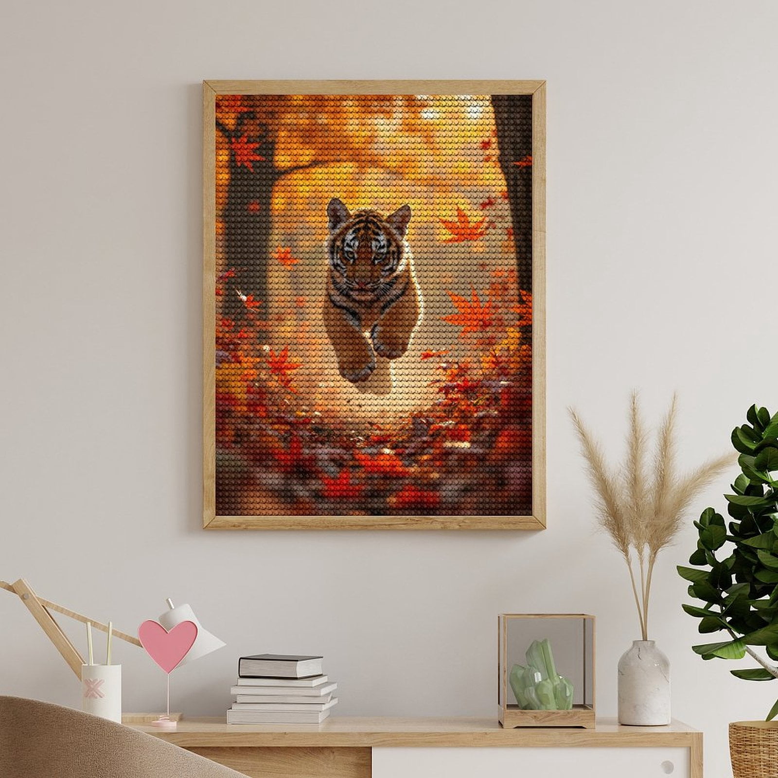 Diamond Art Kits for Adults, Tiger Cub Autumn Leaves Running 5D Diamond Painting Kits for Adults Beginners, DIY Full Drill Diamond Painting, Gem Art and Crafts 12x16