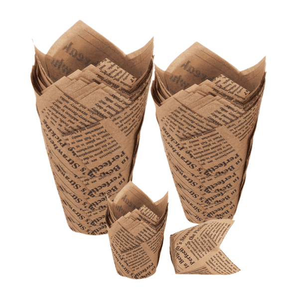 Mioerouu 200pcs Vintage Tulip Cupcake Liners Baking Cups Muffin Liner Grease-Proof Paper Cupcake Wrappers for Wedding, Birthday Party, Standard Size (Natural Newspaper Printed)