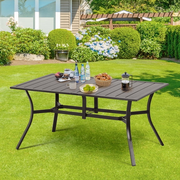 Aoodor Patio Dining Table for 6 People, 59"L x 38"W Rectangular Metal Outdoor Dining Table with Adjustable Umbrella Hole for Garden, Poolside, Backyard