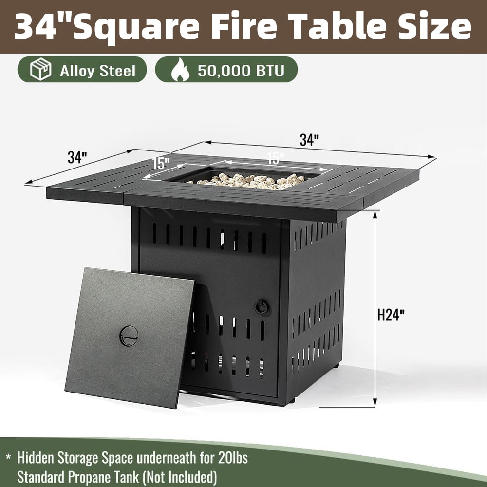 MINESTIA  34"  Propane Fire Pit, 50000 BTU Square Steel Gas Fire Pit Table for Outside Patio Deck Garden Courtyard