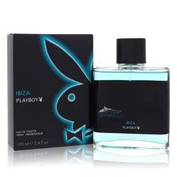ibiza playboy eau de toilette spray playboy Frasco rectangular de vidrio con líquido azul verdoso y etiqueta frontal negra con logo de conejito Playboy; tapa cilíndrica negra y caja negra a la izquierda con texto 'IBIZA PLAYBOY'. Notas cítricas y acuosas, aromática.