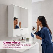 ALPULON Double Door Wall Mounted Bathroom Mirrored Cabinet with Push to Open Doors and Flip Down Compartment for Storage, White