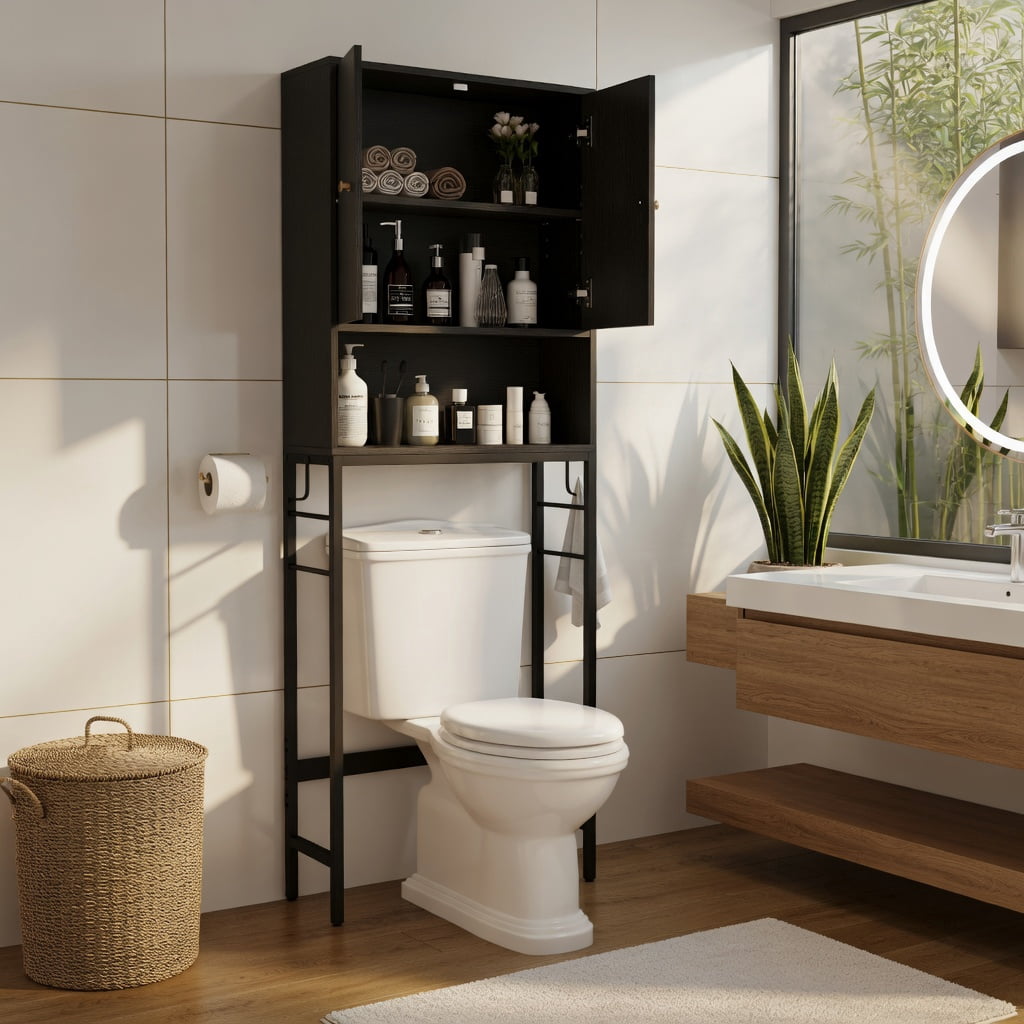 Hommoo Over the Toilet Storage Cabinet with Adjustable Shelf, 2-Door Bathroom Organizer, Black