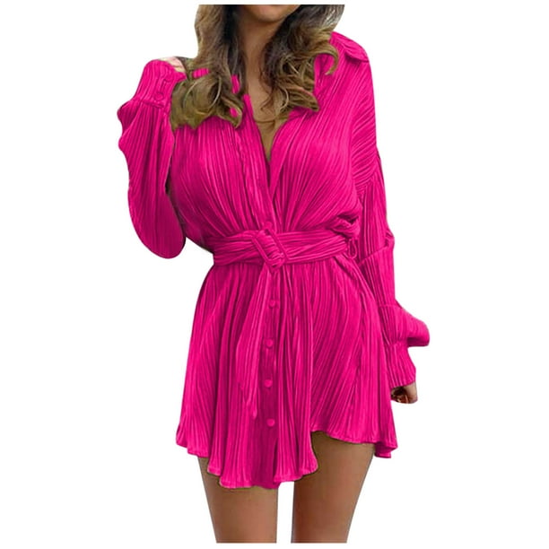 Vestidos Para Mujer Vestidos Casuales Otoño Cuello en V Solapa Color Sólido Cinturón Plisado Botón Camisa Vestido Odeerbi ODB139307