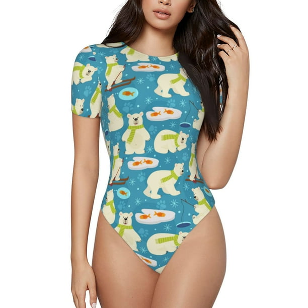 Balery Cute Polar Bear Fishing Body de cuello redondo de manga corta para mujer Tops de manga corta Tops básicos-XX-Large