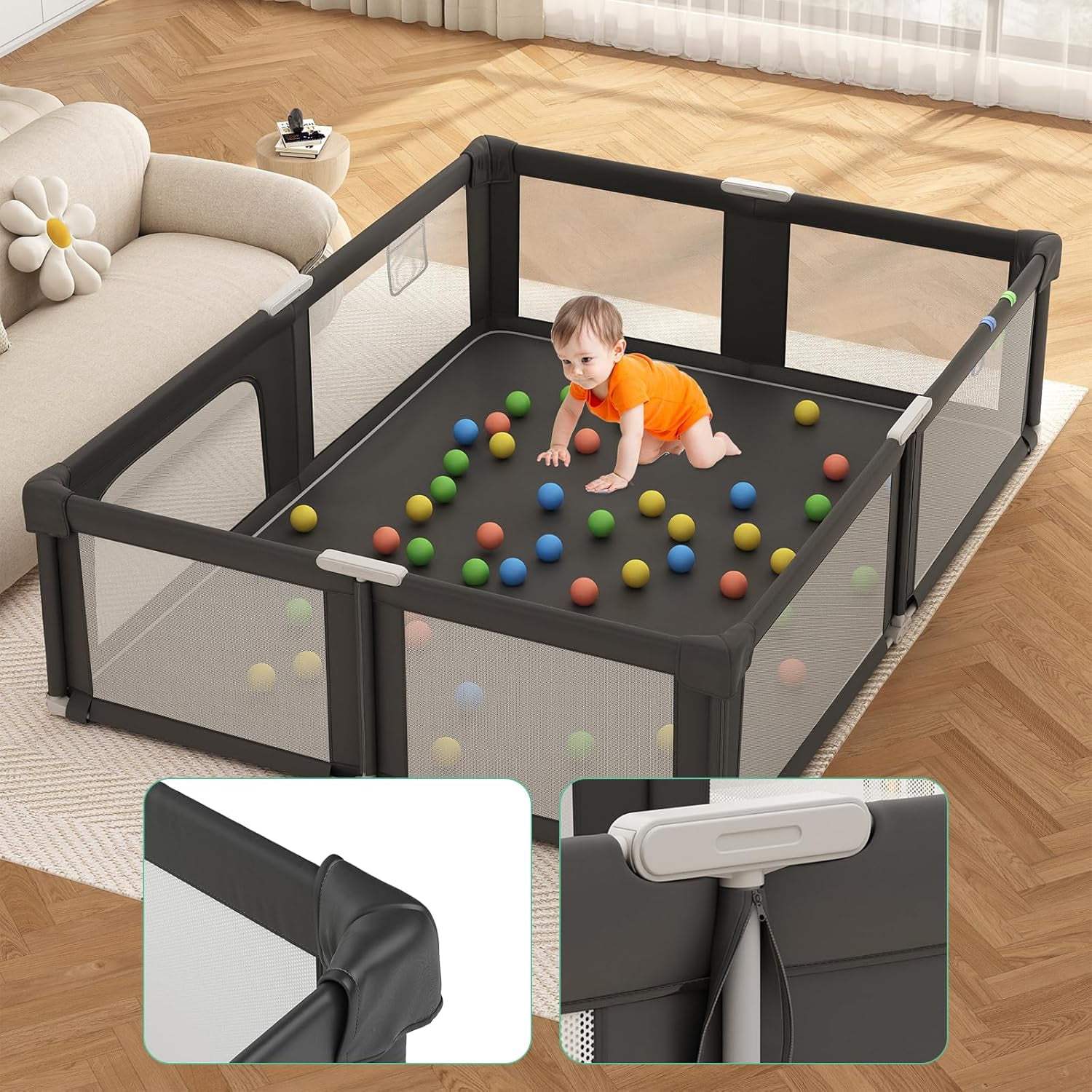 NEGYLIM 73" ×61" Large Baby Playpen, Baby Playard for Babies and Toddlers, Baby Fence Play Pens for Indoor & Outdoor, Sturdy Safety Play Yard with Soft Breathable Mesh and Carry Bag, Anti-Fall, Black