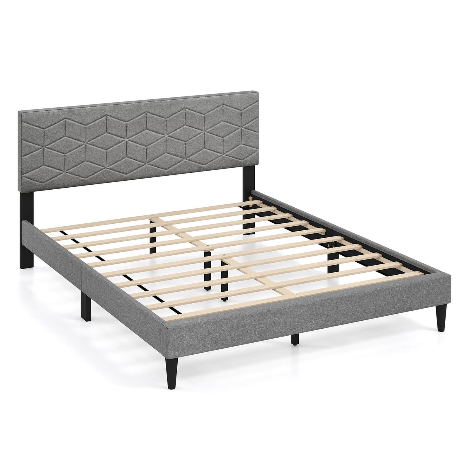 Infans Queen Size Bed Frame w/Linen Fabric Upholstered Headboard & Wooden Slat Support
