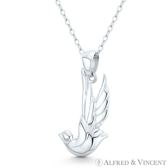 Outspread-Wing Dove Bird Animal Charm Pendant & Chain Necklace in .925 Sterling Silver