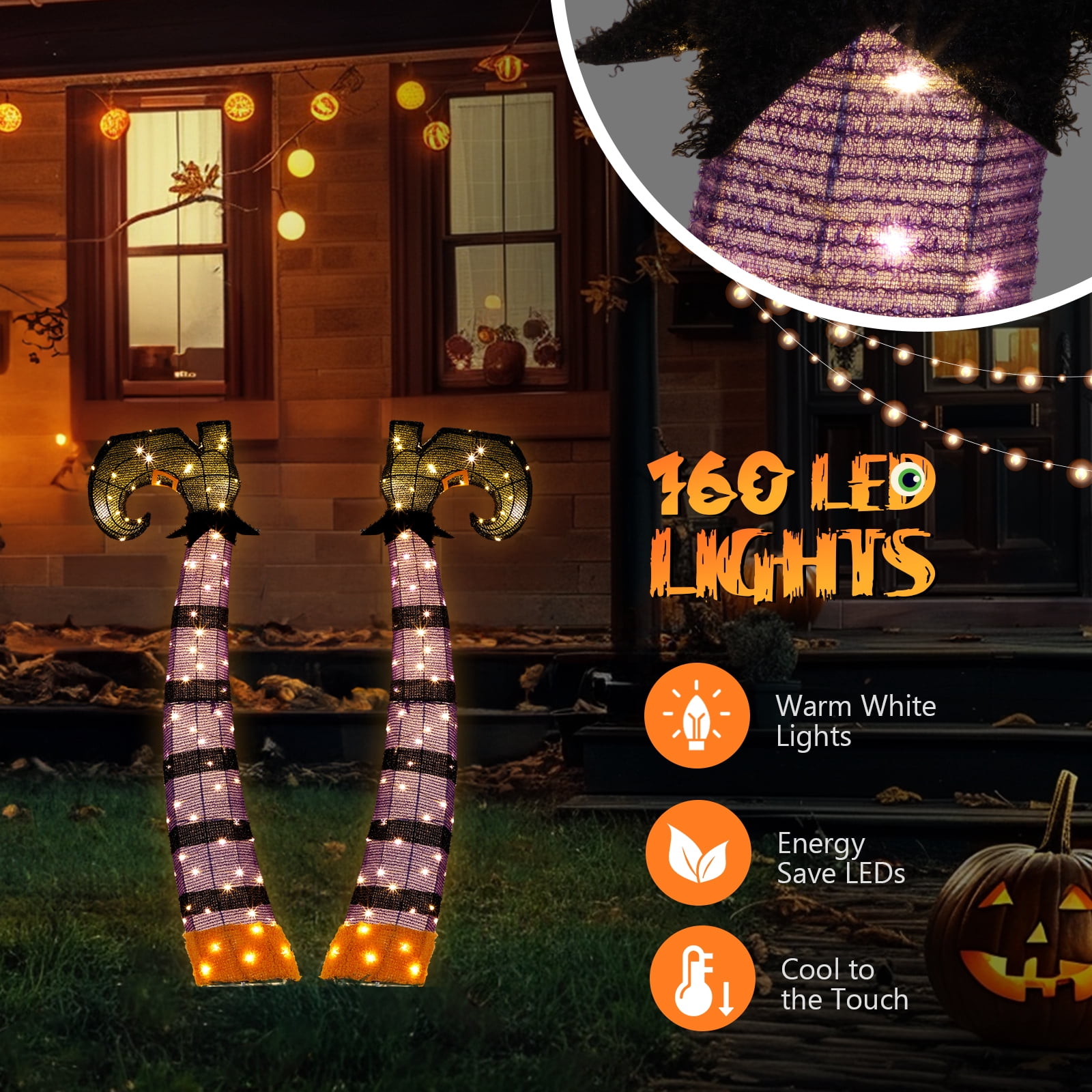 4ft 2D Witch Legs Outdoor Halloween Decorations with 160 LED Lights Festive Outdoor Halloween Decorations Easy Assembly Storage