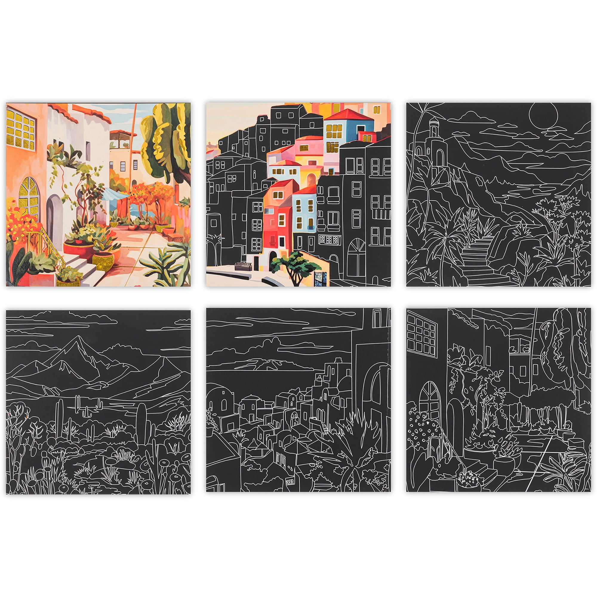 Brea Reese: Scratch Art Paper Pad - Landscape Destinations - 12 Sheets, 6 Guided Designs, Metallic Accents, Dual-Tip Stylus & Brush, 8x8" Pages, Craft