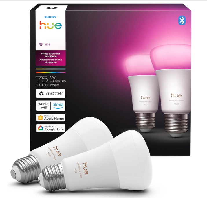 Philips Hue Smart LED A19 Bulb, White and Color Ambiance, E26 Base, 9.5W, Full Spectrum Light 1000K-20000K, 1100 Lumens, Dimmable, Works with Alexa, Google Assistant, and Apple Home, 2 Pack