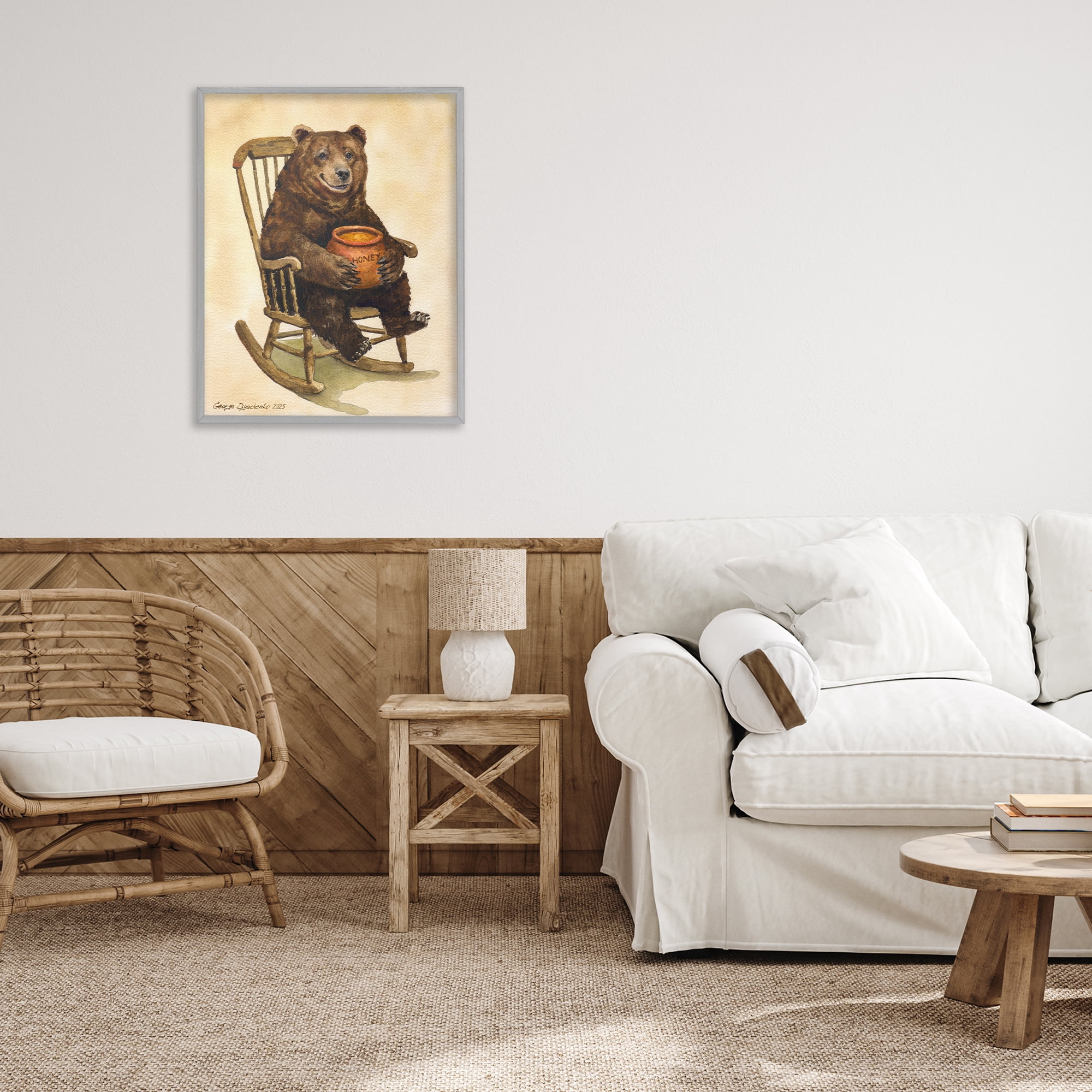 Stupell Industries Happy Bear & Pot of Honey Gray Framed Giclee Art, design by George Dyachenko