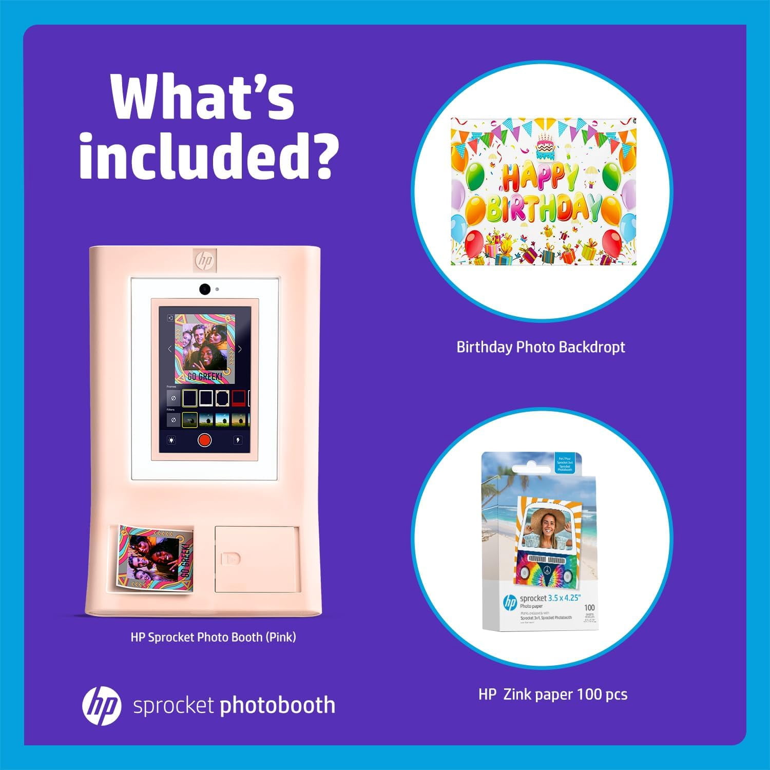 HP Sprocket Photo Booth Printer Kit (Pink), Color Instant Prints, 100 Zink Paper, Birthday Backdrop
