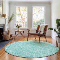 Addison Rugs Mayfield Washable Transitional Floral Teal Round Rug, 8' x 8'