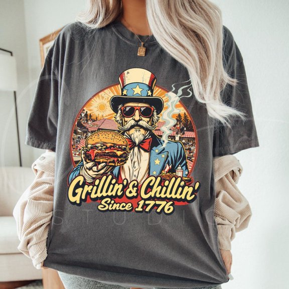 Grillin and Chillin T-Shirt, Uncle Sam BBQ Graphic Tee, Patriotic 4th of July Grill Shirt