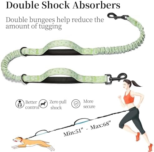 Hands Free Dog Leash with Zipper Pouch, Dual Padded Handles and Durable Bungee for Walking, Jogging and Running Your Dog (Green Heart, Large)