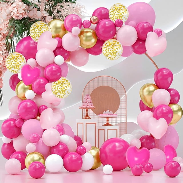 HLONK Kit Arche Guirlande Rouge Rose 147 Pcs Ballons Réutilisables Macaron Rose Or Métallique Pêche Rose