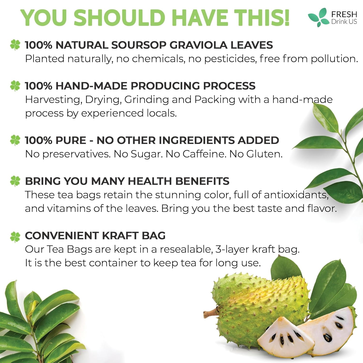 Premium 90 Soursop Graviola Leaf Tea Bags, 100% Natural and Pure from Soursop Leaves, Handmade, Made With Natural Materials-Corn Fiber Tea Bag, Sugar/ Caffeine/ Gluten Free, Hoja Guanabana Tea