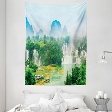Nature Tapestry, Detain Waterfall Guangxi Misty Jungle Forest Waterscape Scene Picture, Wall Hanging for Bedroom Living Room Dorm Decor, 60W X 80L Inches, Fern Green Multicolor, by Ambesonne