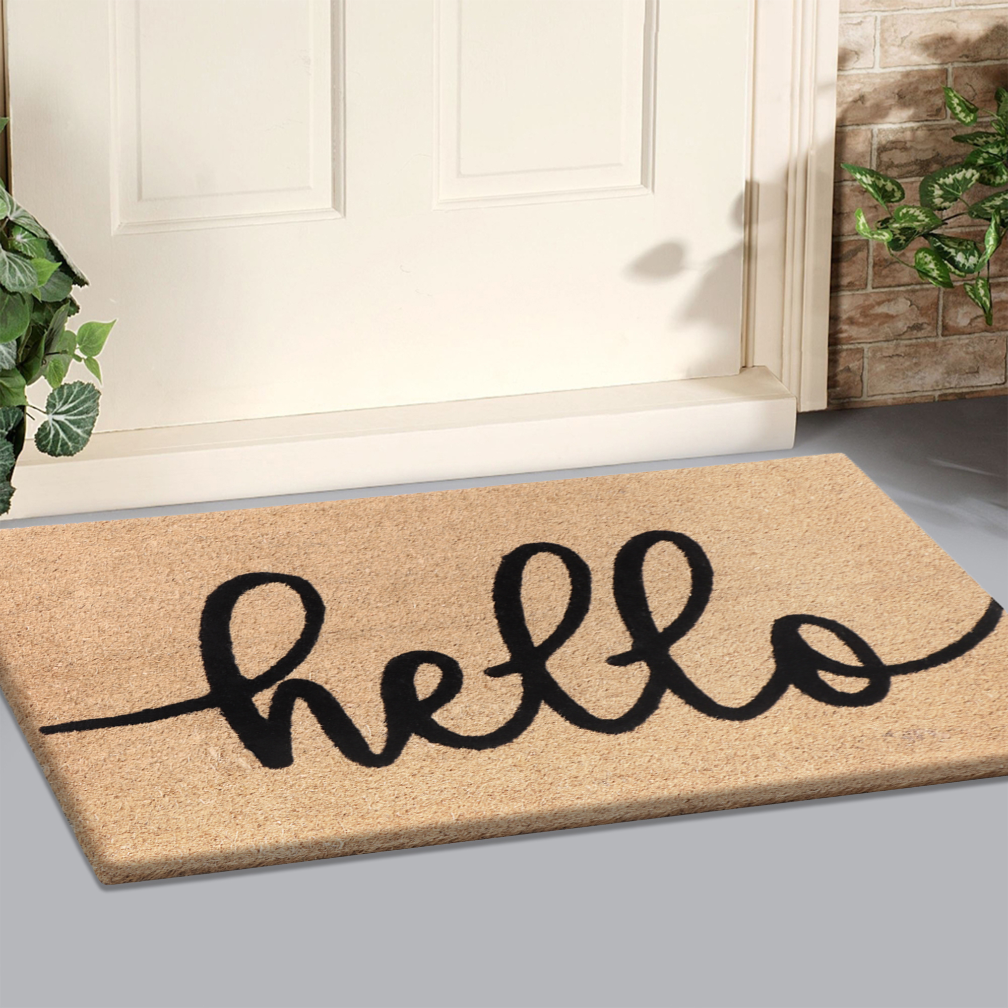 A1HC Natural Coir Flocked Doormat, Black Hello , 18"x30", Durable Outdoor Welcome Mat, Non-Slip, Pet Friendly, Fade Resistant